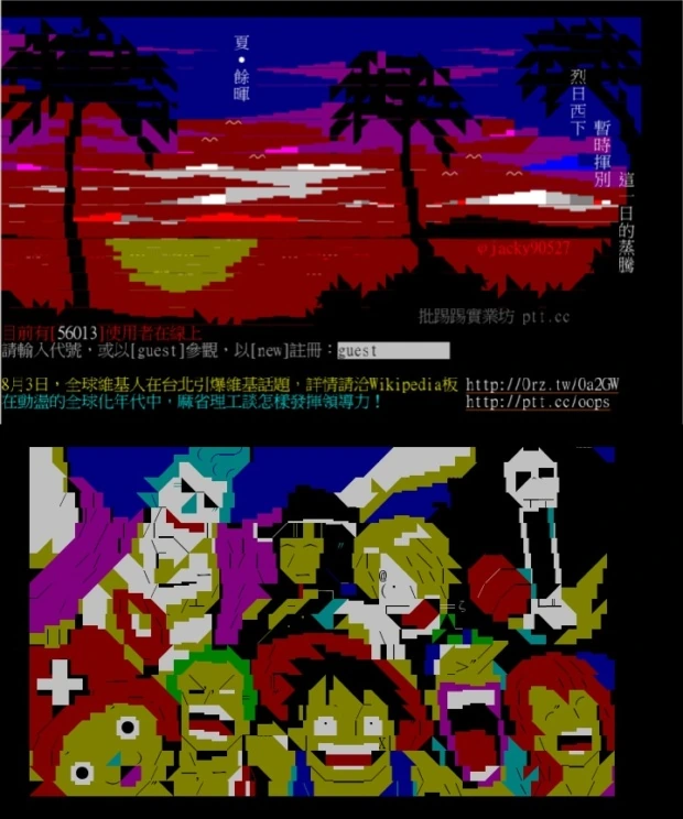 上方是 PTT 的登录画面，下方是一幅人物群像。