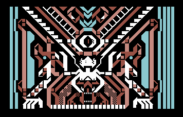 Raquel Meyers 的 PETSCII 作品，以白、浅蓝和棕色几何单元形成对称结构。