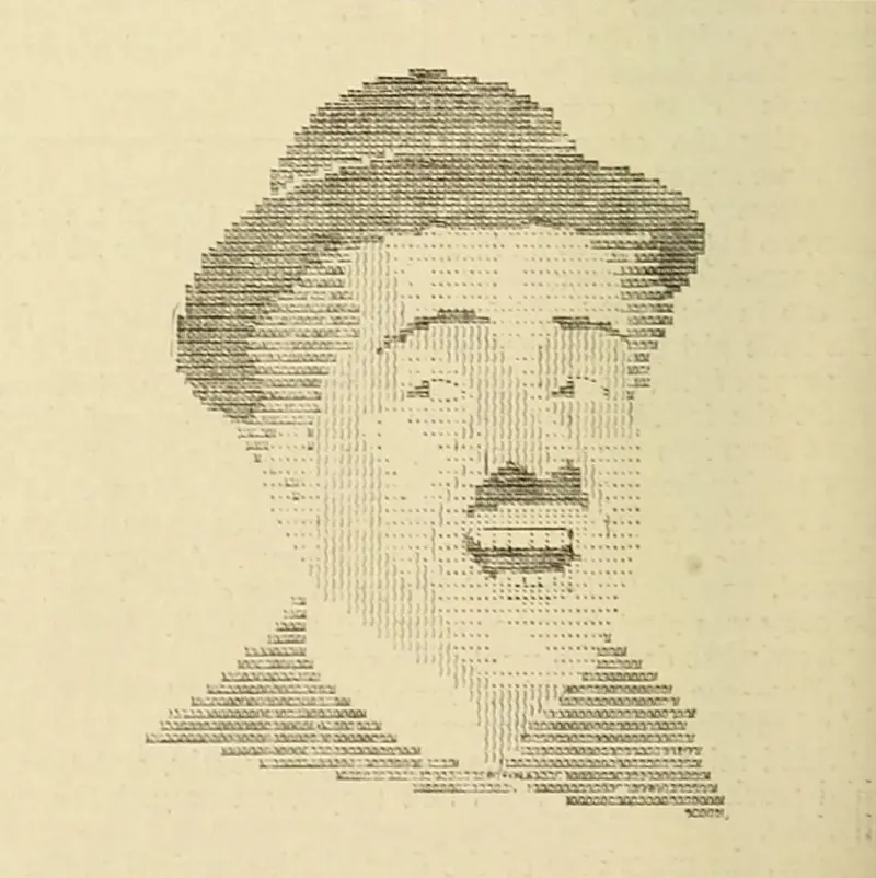 Kenneth Taylor 的打字机肖像，刊于 1919 年 6 月的 Photoplay。头发和胡子用密集字符，脸部只用稀疏的点。